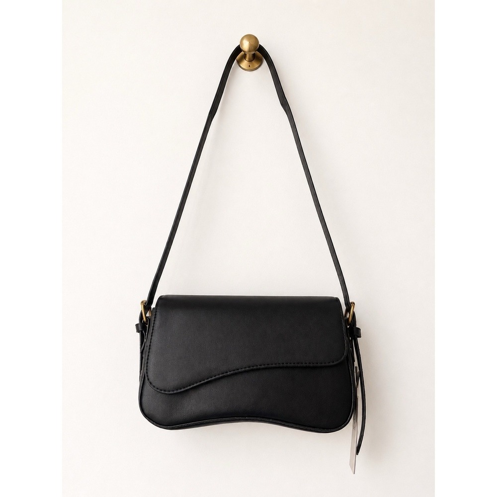 Womens Black Vegan Leather Crossbody Saddle Bag Purse Gold Hardware Small Flap